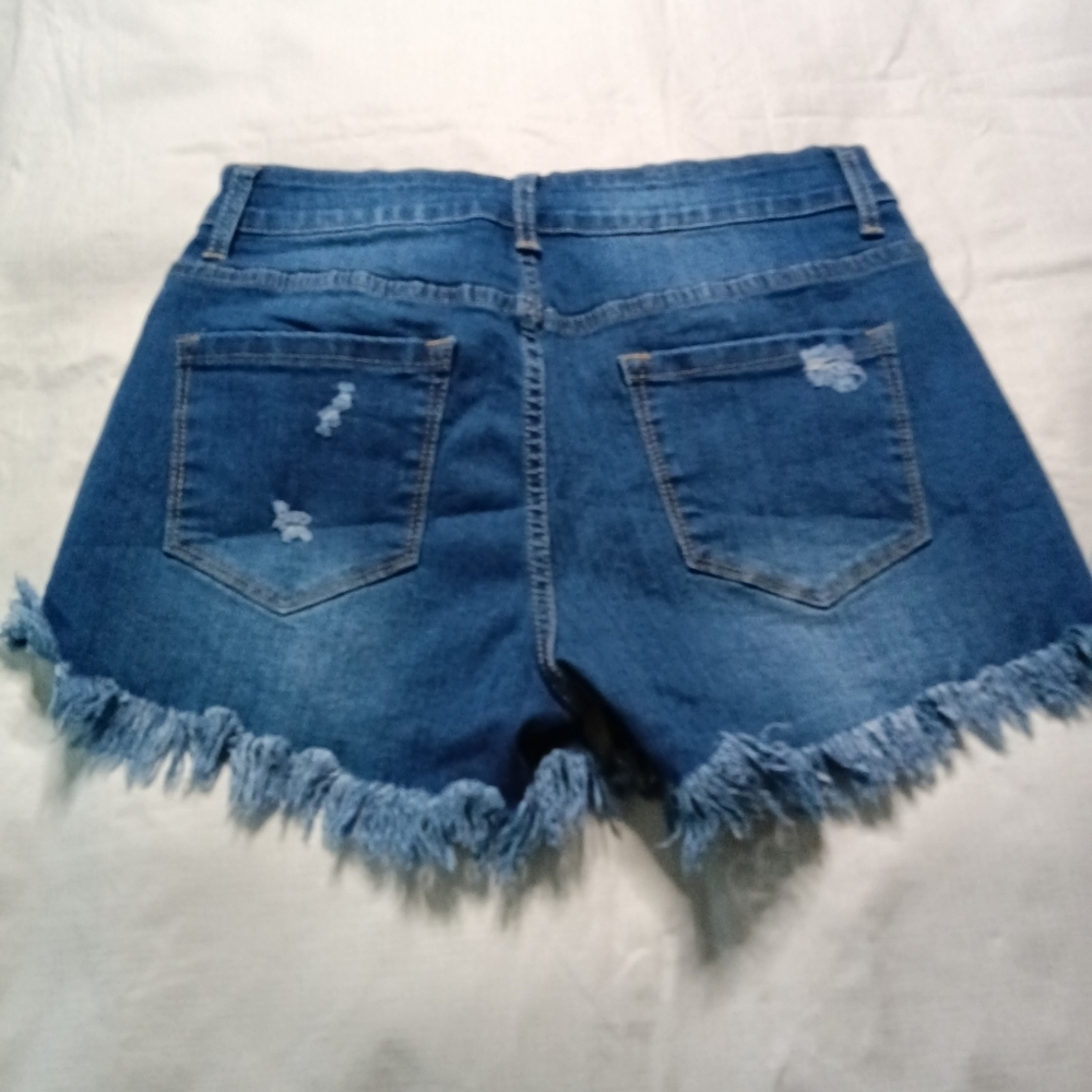 🦋 High Rise Denim Shorts Blue Mid Wash Cut Off Size S - Picture 5 of 9